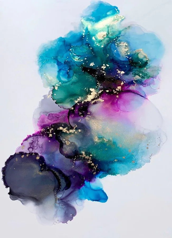 Abstract watercolor mural with flowing blue, purple, and teal washes accented by gold speckles