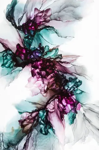 Abstract watercolor ink pattern with flowing magenta, teal, and gray clouds on white background