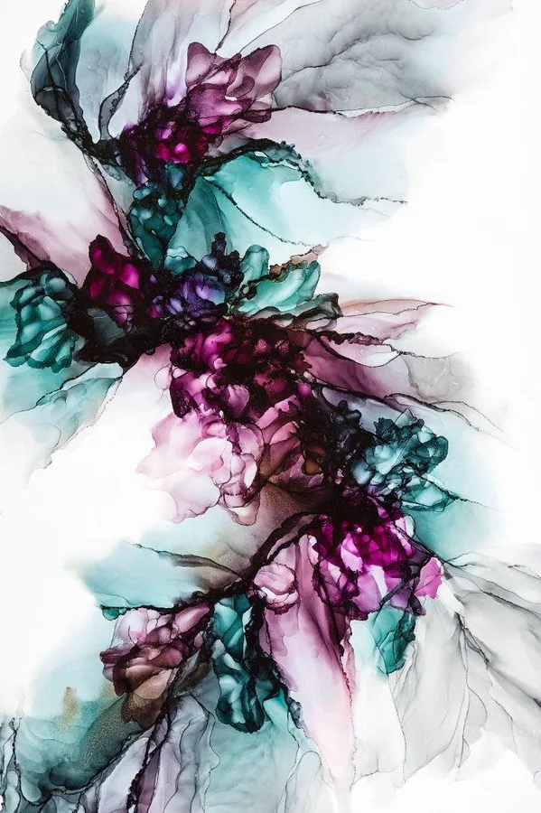 Abstract watercolor ink pattern with flowing magenta, teal, and gray clouds on white background