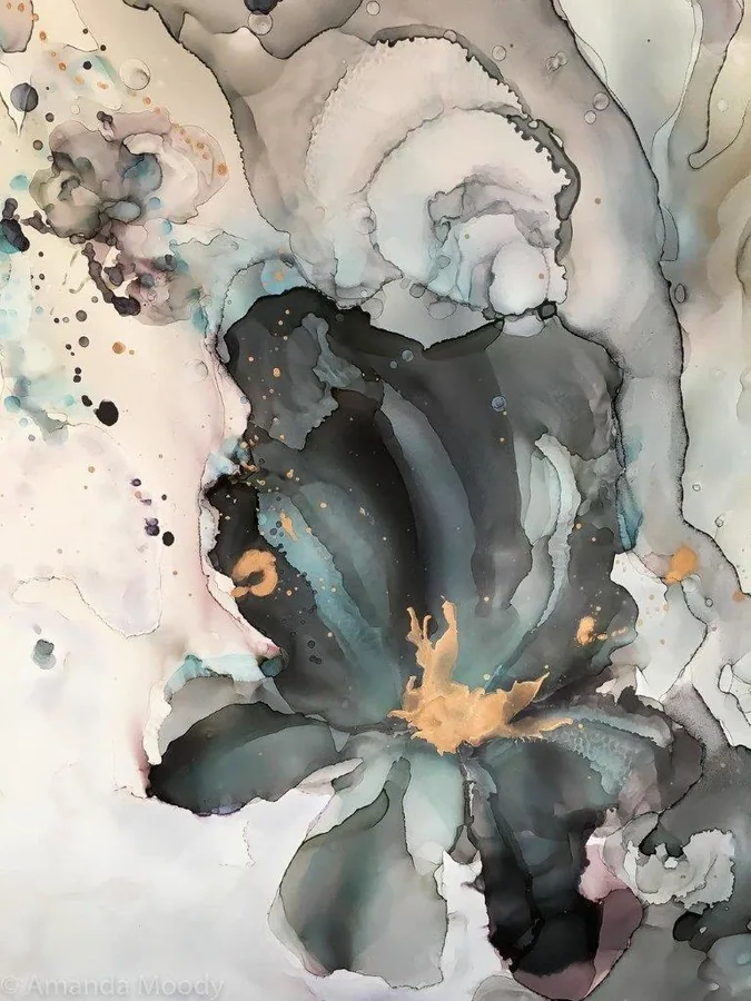 Abstract watercolor marble design with flowing gray, white, and teal washes and golden splashes.