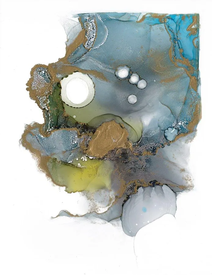 Abstract watercolor-style marble mural with layered blues, golds, and white mineral deposits.