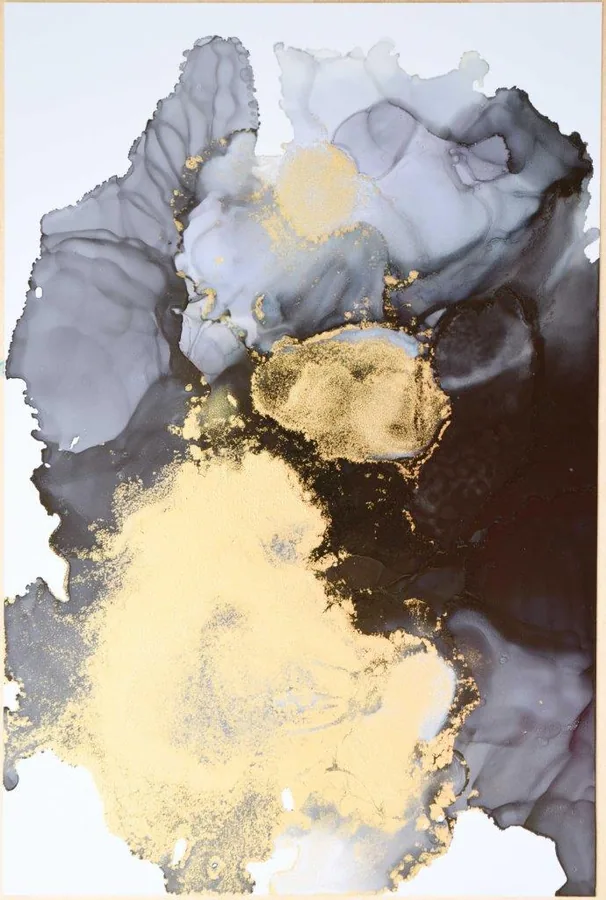 Abstract marble texture with grey and white swirls accented with gold leaf details