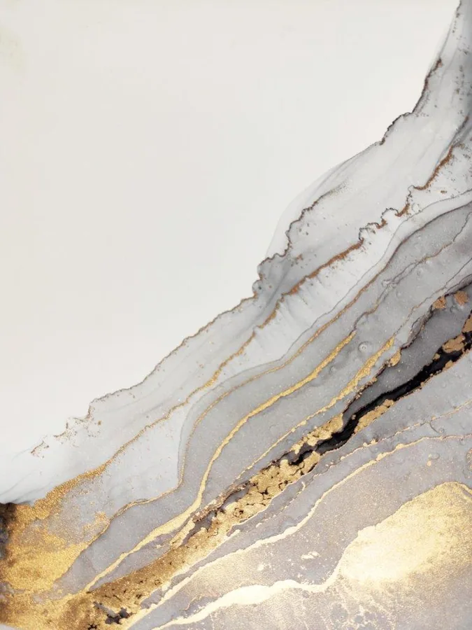 Abstract marble texture with layered grey and white bands separated by gold and bronze metallic veins