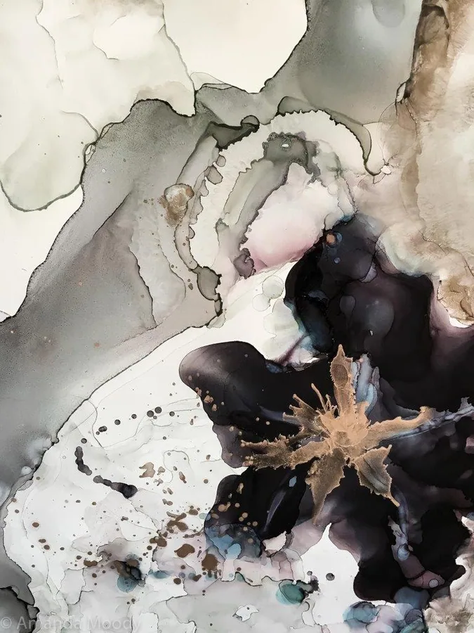 Abstract watercolor marble mural with black ink clouds, gray washes, and rose gold splatter on cream background
