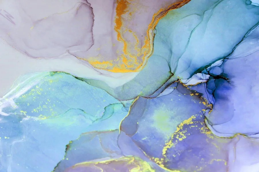 Abstract marble texture with blue, purple, and pink watercolor flows separated by gold metallic veins.