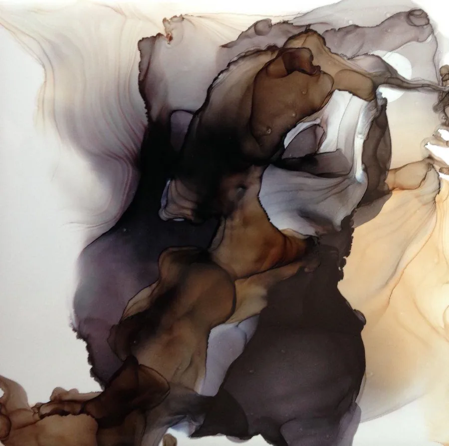 Abstract marble texture with flowing brown, cream, and purple ink-like swirls on white background