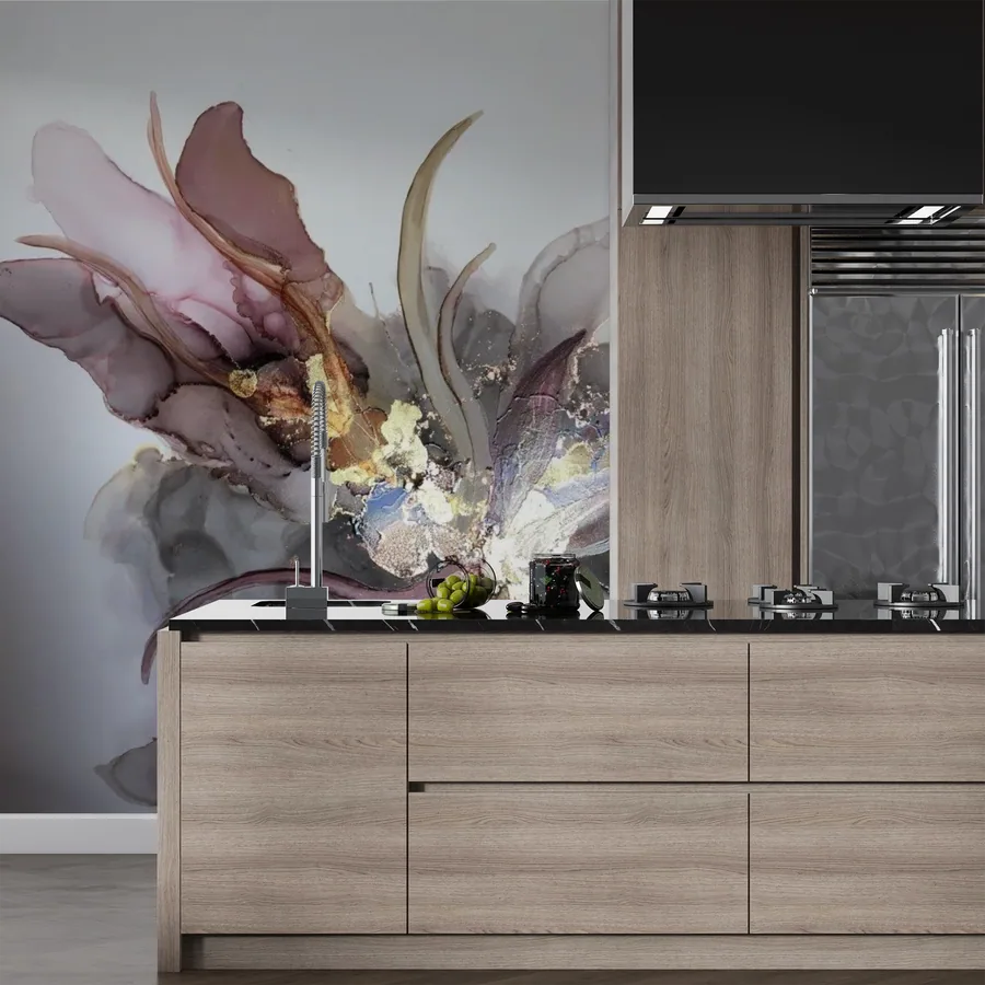 Abstract watercolor marble mural with pink, mauve, and gold fluid patterns in a modern kitchen setting.