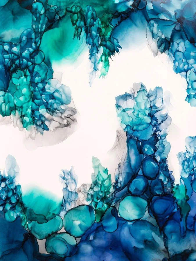 Abstract marble wallpaper with turquoise and blue flowing ink patterns and translucent bubble motifs