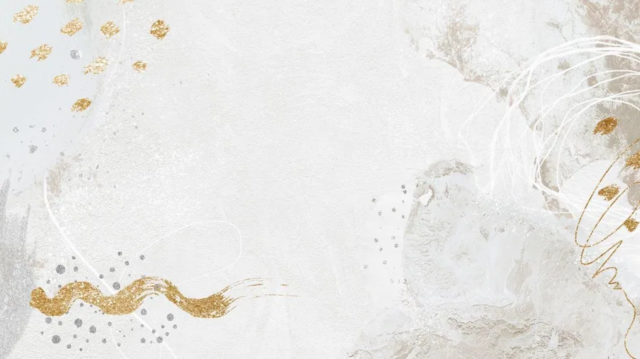 Abstract wallpaper with gold metallic swirls and splatters on cream and white textured background