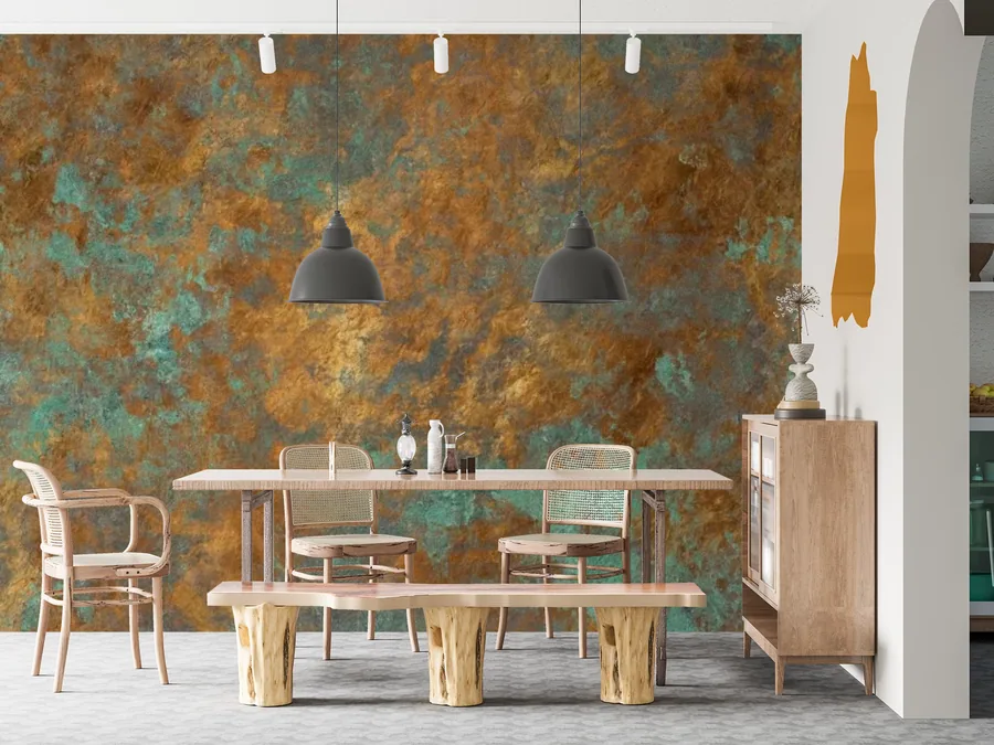 Rust and verdigris patinated metal texture with warm orange and cool turquoise tones on dining room wall