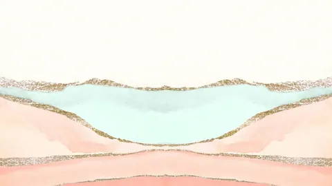 Abstract watercolor mural with layered blush pink and mint blue strokes separated by gold metallic borders.