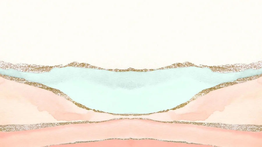 Abstract watercolor mural with layered blush pink and mint blue strokes separated by gold metallic borders.