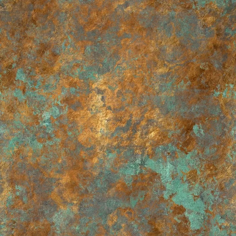 Weathered metal surface with rust orange and verdigris green patina texture