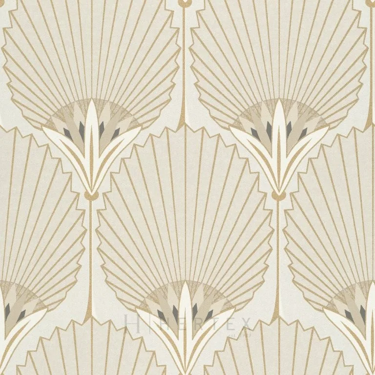 Repeating Art Deco palm fan pattern in gold and cream with linear details