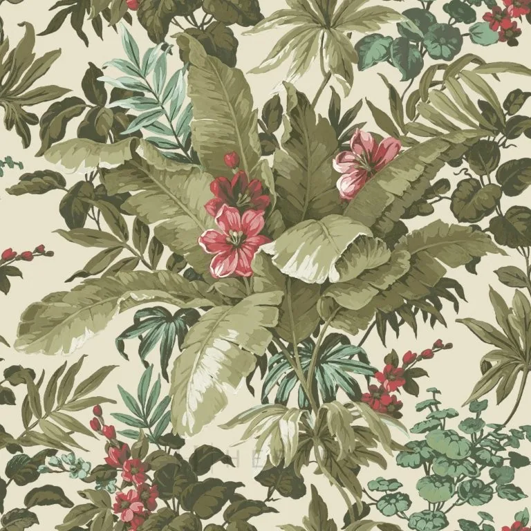 Repeating botanical wallpaper pattern with pink flowers, large green leaves, and climbing vines on cream background