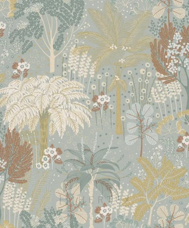 Soft sage wallpaper with botanical illustration of palm trees, feathery plants, white flowers, and golden accents in a repeating pattern.