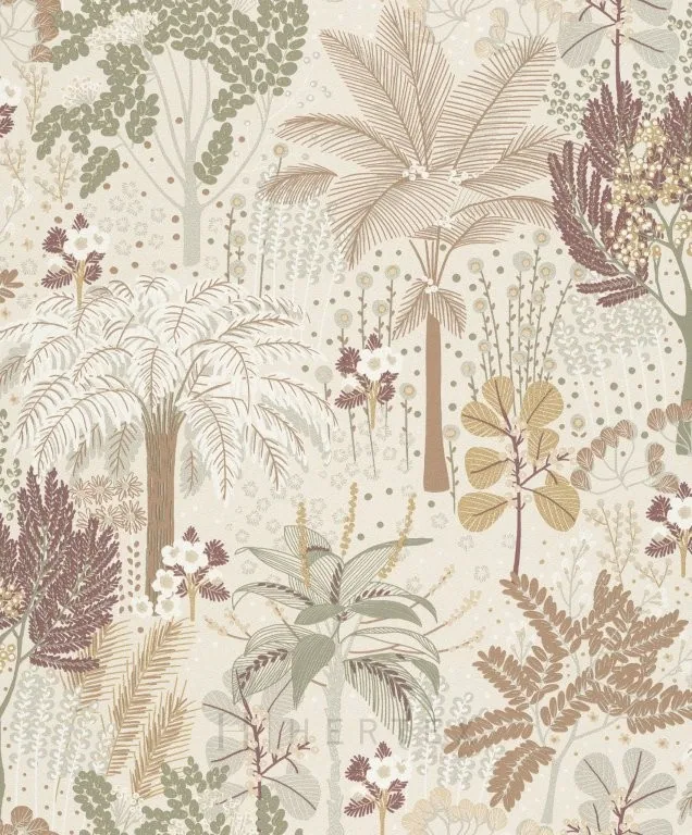 Botanical wallpaper pattern with hand-drawn palms, ferns, and delicate flowering plants in muted greens, browns, and burgundy.