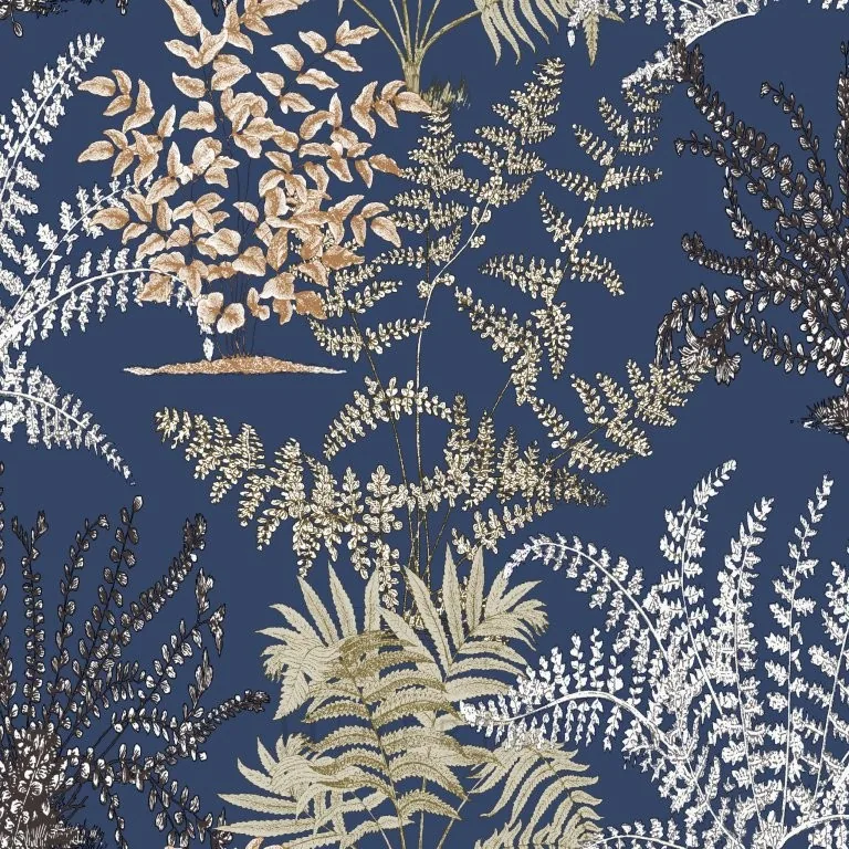 Dark blue wallpaper with gold and cream fern and leaf botanical patterns in a repeating design