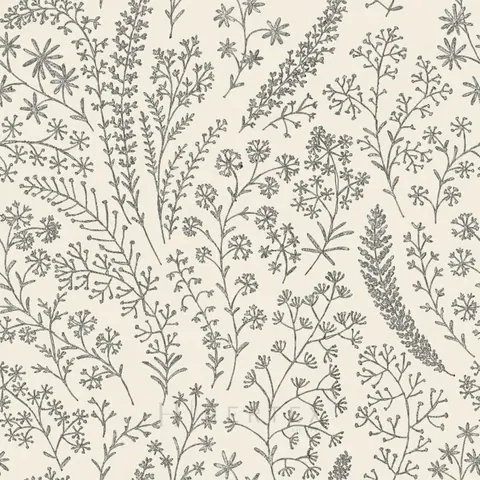 Repeating pattern of hand-drawn botanical sketches featuring wildflowers, herbs, and flowering stems in grey on cream background.