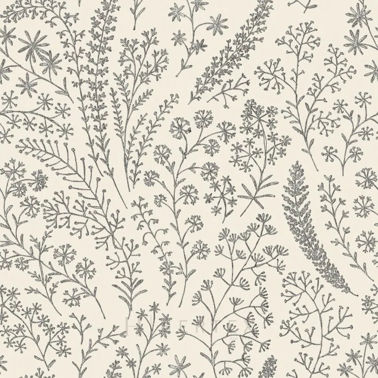 Repeating pattern of hand-drawn botanical sketches featuring wildflowers, herbs, and flowering stems in grey on cream background.
