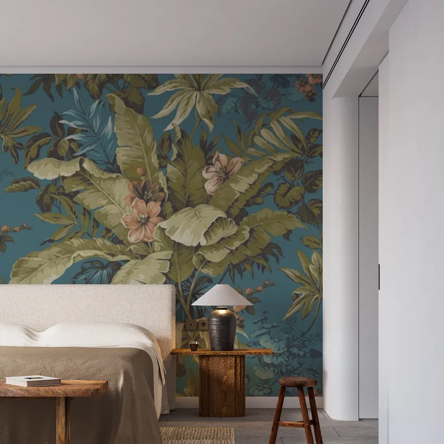 Tropical botanical wallpaper with large cream leaves, pink flowers, and blue-green foliage on teal background