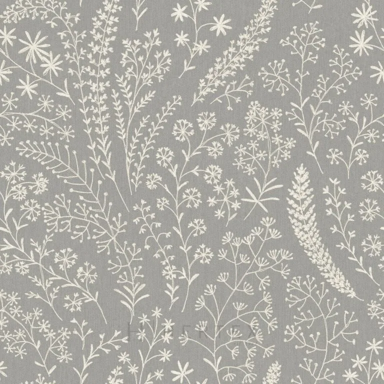 Repeating pattern of white delicate wildflowers and botanical sprigs on grey fabric background