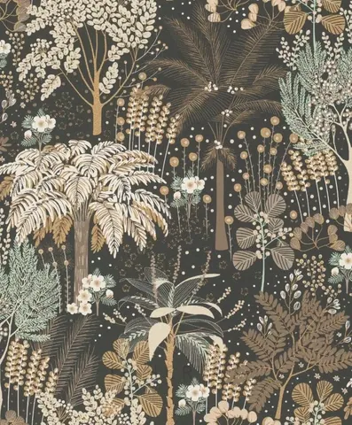 Dark botanical wallpaper with cream and gold ferns, flowering plants, and seed heads on charcoal background
