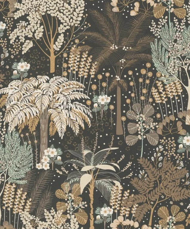 Dark botanical wallpaper with cream and gold ferns, flowering plants, and seed heads on charcoal background