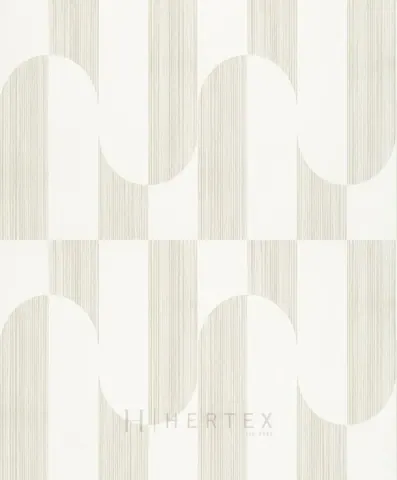 Repeating geometric pattern with cream circles on striped beige and white vertical bands