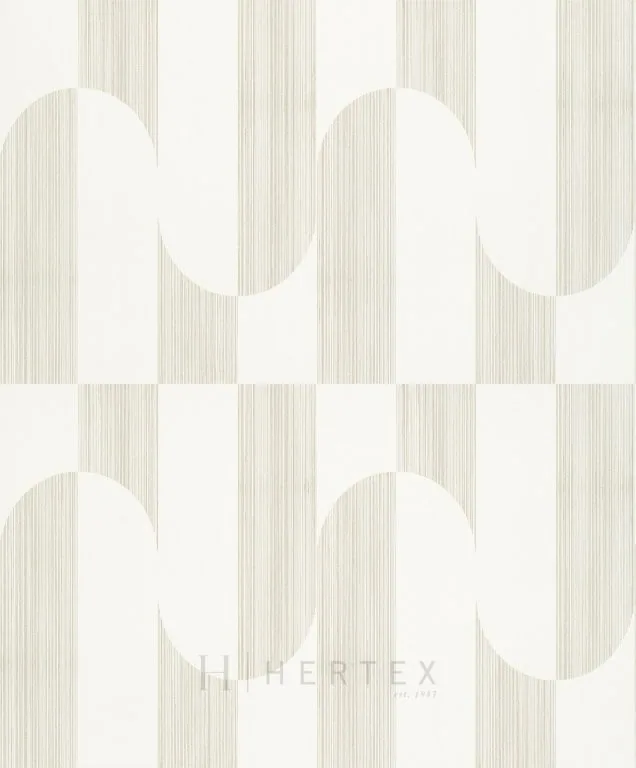 Repeating geometric pattern with cream circles on striped beige and white vertical bands