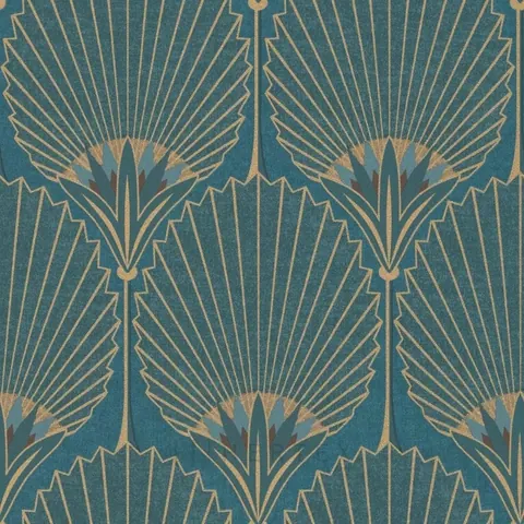 Repeating geometric pattern with gold fan shapes and radiating lines on teal background
