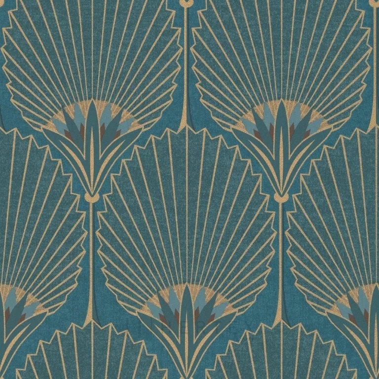 Repeating geometric pattern with gold fan shapes and radiating lines on teal background