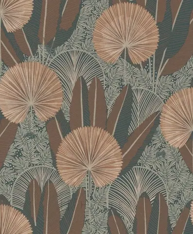 Repeating pattern of large fan palm leaves in peach and cream with intricate fern foliage in sage green and dark teal on warm brown background