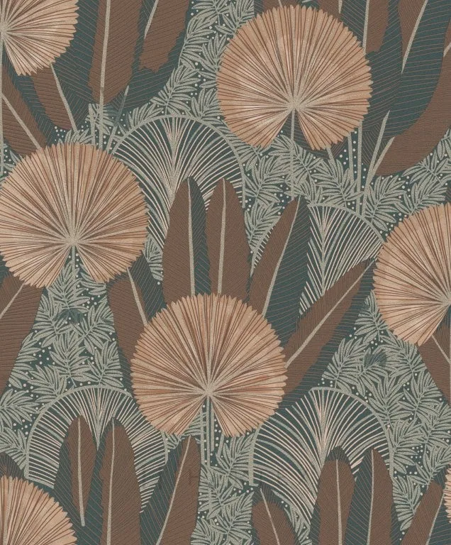 Repeating pattern of large fan palm leaves in peach and cream with intricate fern foliage in sage green and dark teal on warm brown background