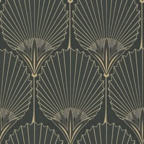 Geometric Art Deco wallpaper with symmetrical gold palm fronds and radiating lines on dark green background.