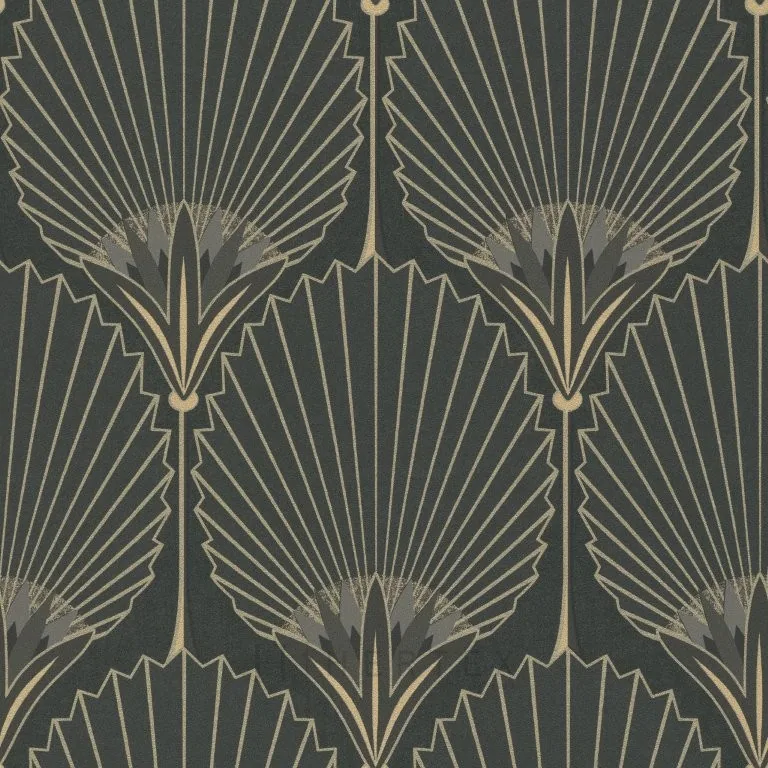 Geometric Art Deco wallpaper with symmetrical gold palm fronds and radiating lines on dark green background.