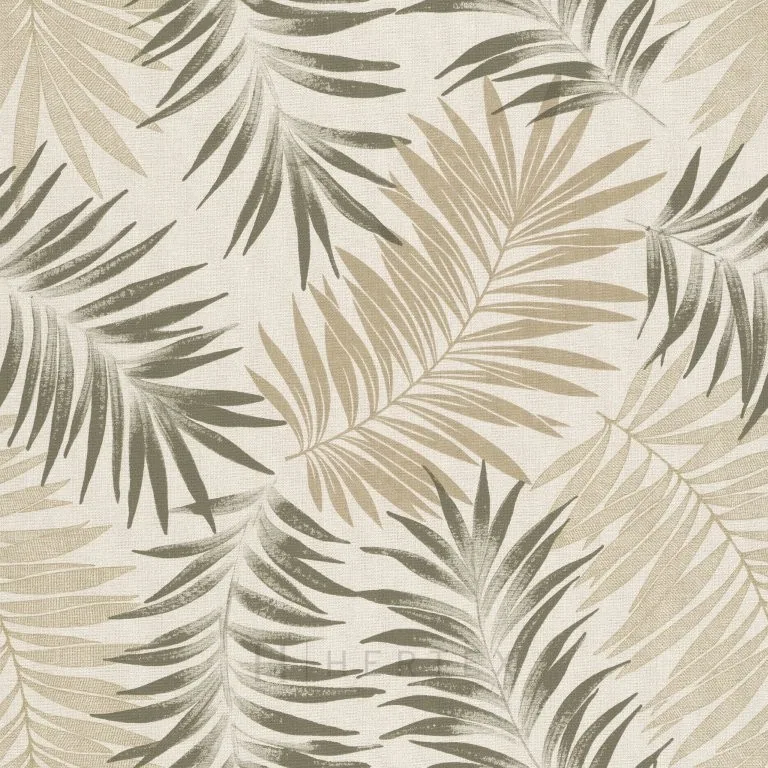 Repeating botanical pattern of layered palm fronds in cream, beige, and muted green tones