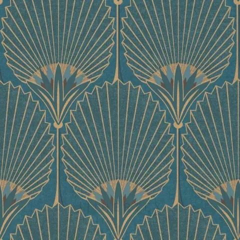 Repeating art deco pattern with symmetrical fan-shaped palm fronds in gold lines on teal background