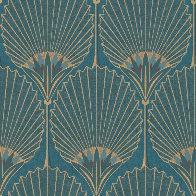 Repeating art deco pattern with symmetrical fan-shaped palm fronds in gold lines on teal background
