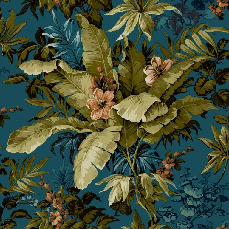 Botanical wallpaper with large green leaves, pink flowers, and blue blooms on teal background
