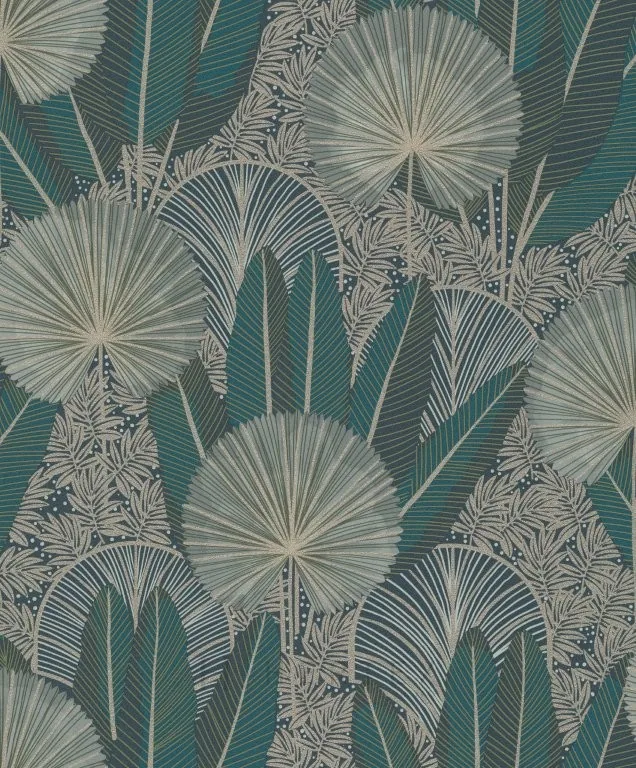 Repeating pattern of cream and teal fan palm leaves with fine-lined fern details on teal background