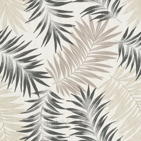 Repeating pattern of overlapping palm fronds in black, taupe, and cream on a light background.