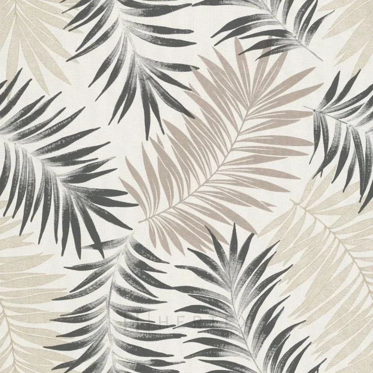 Repeating pattern of overlapping palm fronds in black, taupe, and cream on a light background.