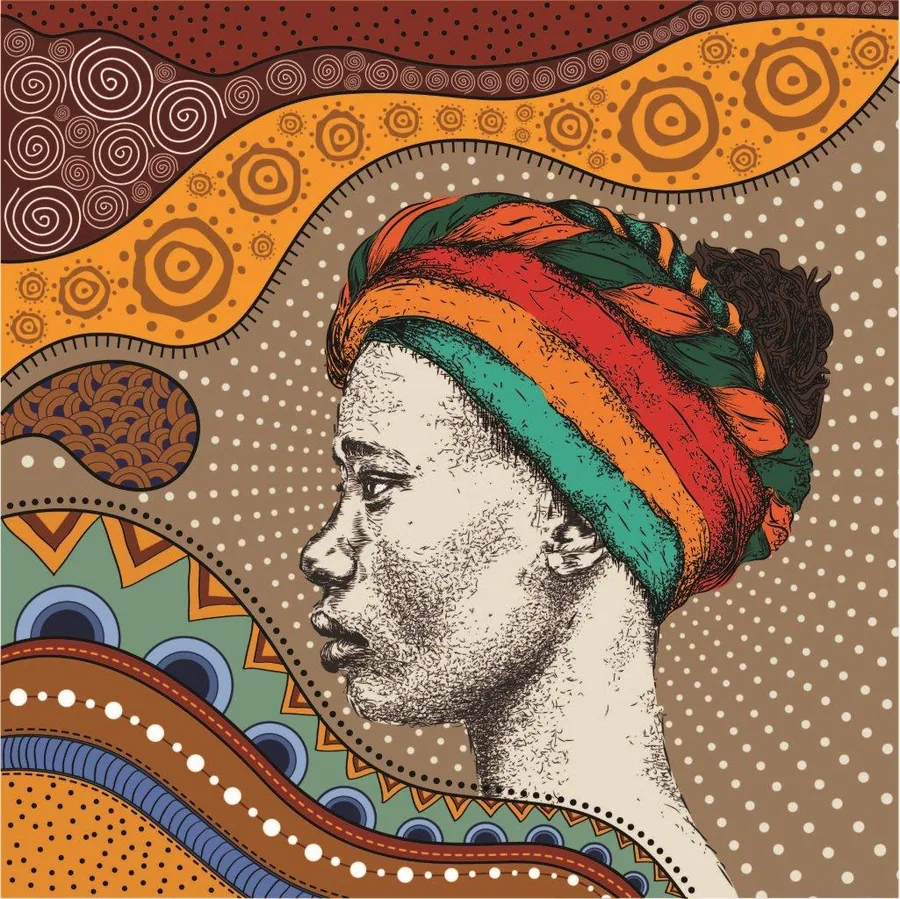 Profile illustration of a woman with colorful wrapped headwrap surrounded by geometric circles, patterns and earthy tones.