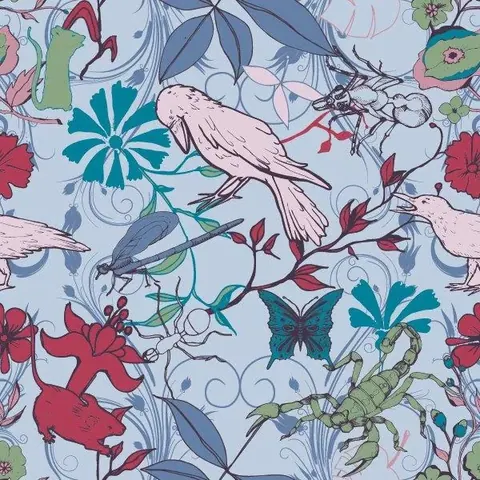 Repeating pattern of pale pink birds, dragonflies, red and teal flowers with blue foliage on light background
