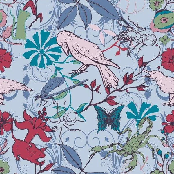 Repeating pattern of pale pink birds, dragonflies, red and teal flowers with blue foliage on light background