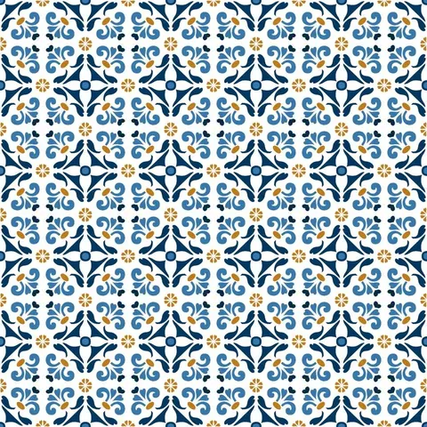 Repeating geometric tile pattern with ornate navy medallions, sky blue flourishes, and gold accents on cream background