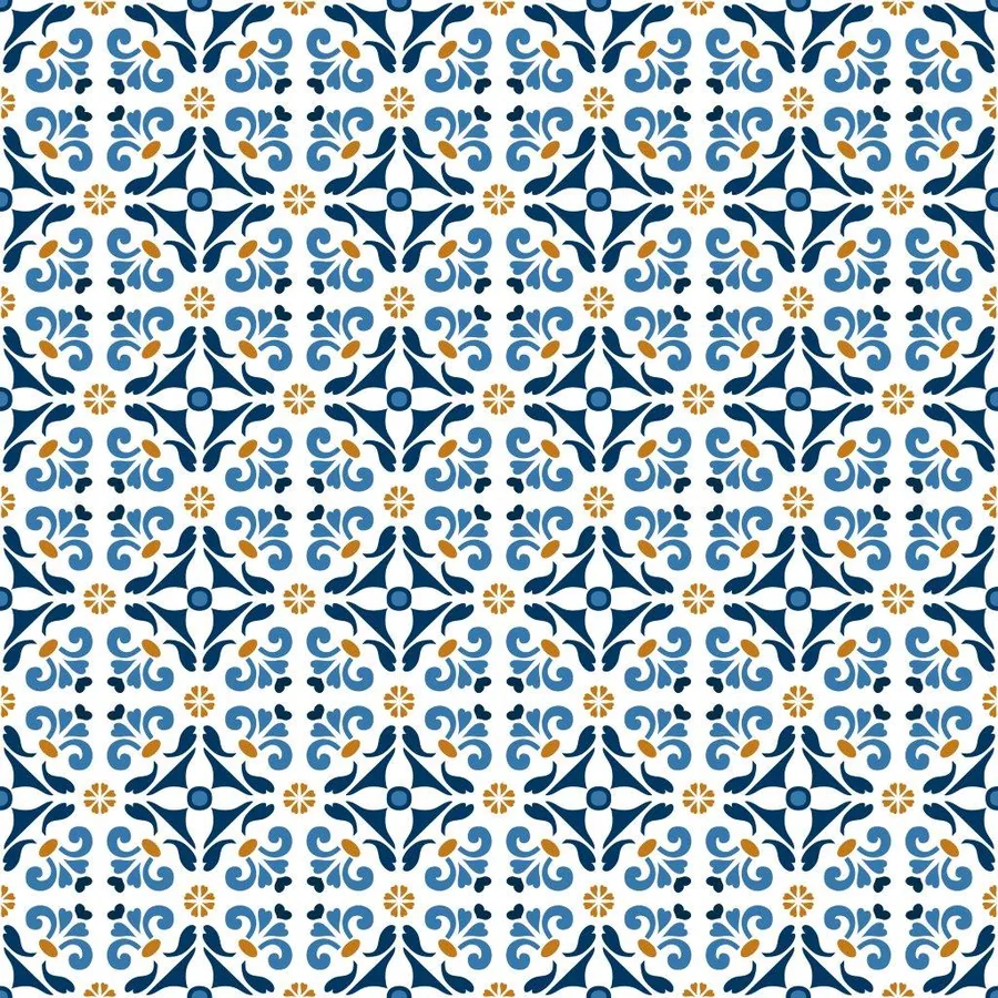 Repeating geometric tile pattern with ornate navy medallions, sky blue flourishes, and gold accents on cream background