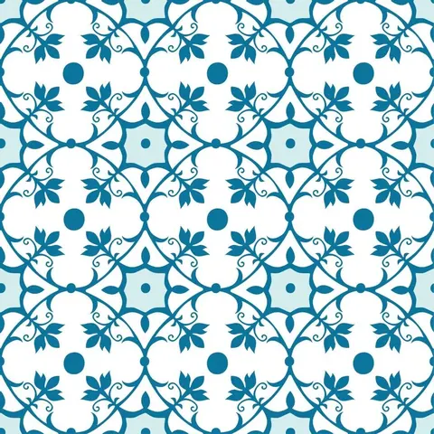 Repeating blue and white geometric lattice pattern with leaf flourishes and circular details