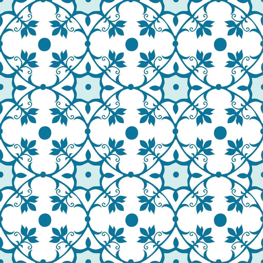 Repeating blue and white geometric lattice pattern with leaf flourishes and circular details